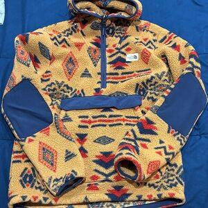 The North Face Aztec Sherpa Pullover Hoodie in Tan, Navy & Red